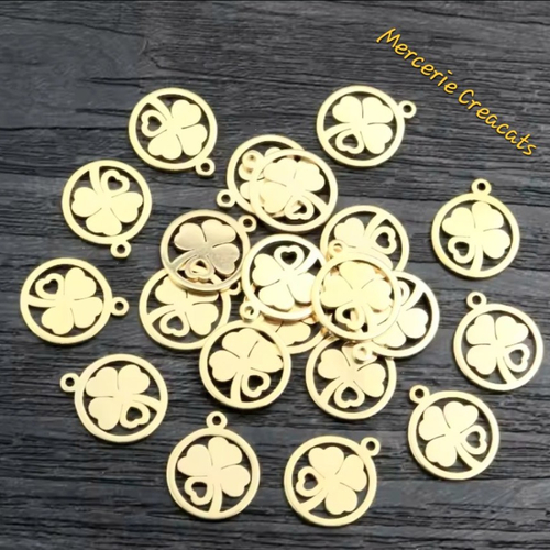 1 pendentif breloque acier inoxydable doré trèfle coeur
