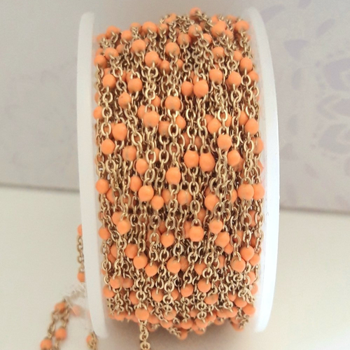 45 cm de chaine fine acier inoxydable doré 2 x1,6 mm perles émail corail / saumon