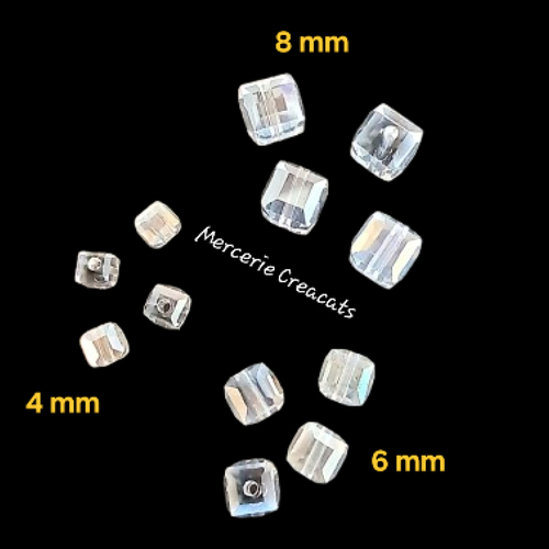 X 12 perles - 3 tailles - verre carré transparent reflets irisé par galvanoplastie