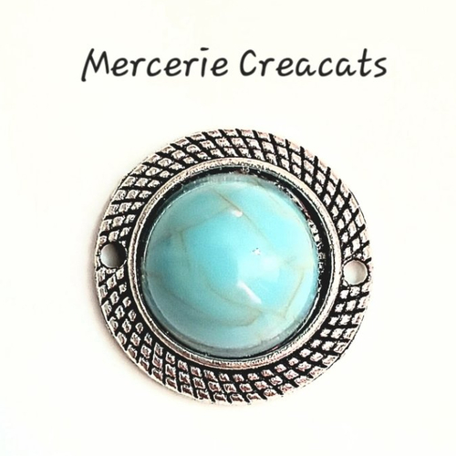 1 pendentif connecteur rond bohème ethnique cabochons émail résine bleu turquoise sur métal argenté