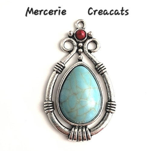 1 pendentif connecteur ovale bohème ethnique cabochons émail résine bleu turquoise sur métal argenté