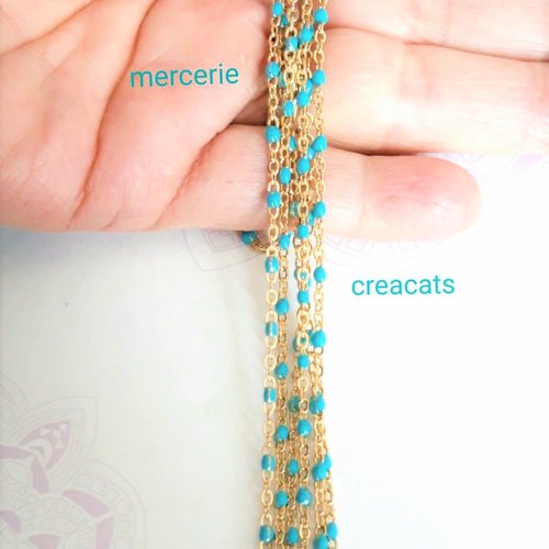 63 cm de chaine acier inoxydable doré perles émail bleu / turquoise