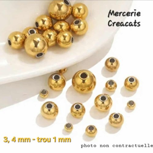 X 10 perles acier inoxydable doré 3, 4 mm - trou 1 mm
