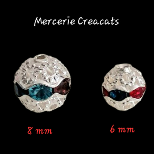 5 perles rondes filigrane 6 ou 8 mm métal argenté et strass multicolores