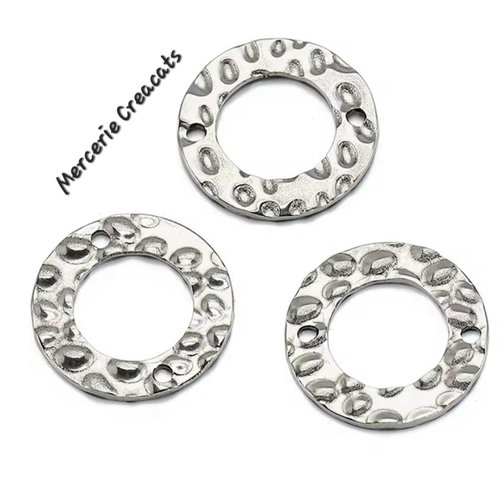 1 connecteur pendentif acier inoxydable argenté rond martelé