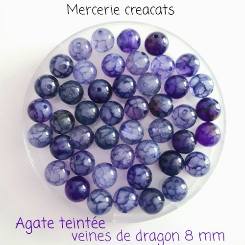 X 7 perles rondes agate teintées veines de dragon violette 8 mm