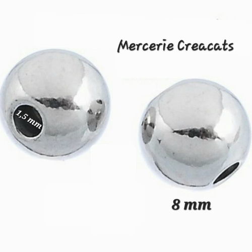X 5 perles acier inoxydable 8 mm - trou 1,5 mm