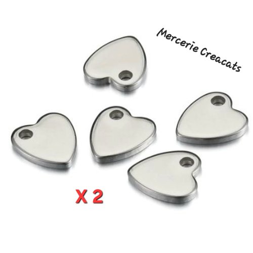 X 2 pendentifs breloque coeur en 304 acier inoxydable argenté