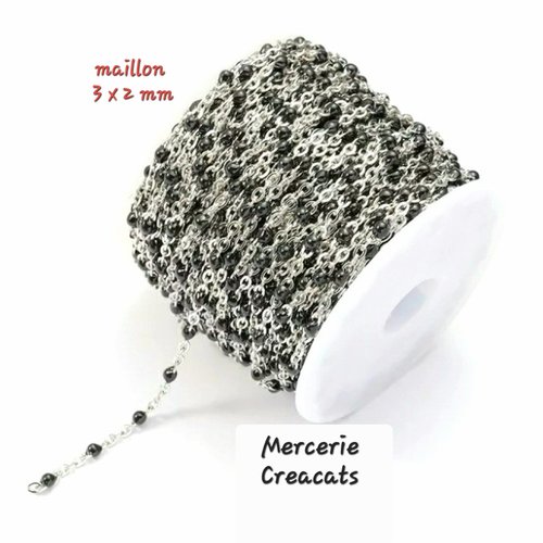 50 cm de chaine acier inoxydable 3 x 2 mm argenté perles émail noir