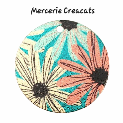 1 pendentif médaillon rond émaillé fleurs marguerites sur métal doré