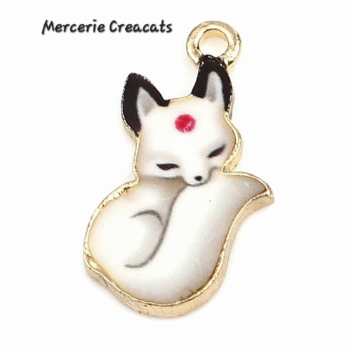 1 pendentif renard émail blanc beige sur métal doré