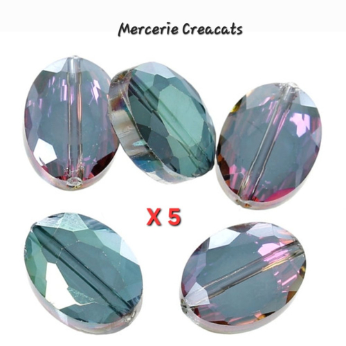 X 5 perles verre facettes ovale aplati reflets multicolore aurore boréale rose bleu vert paon