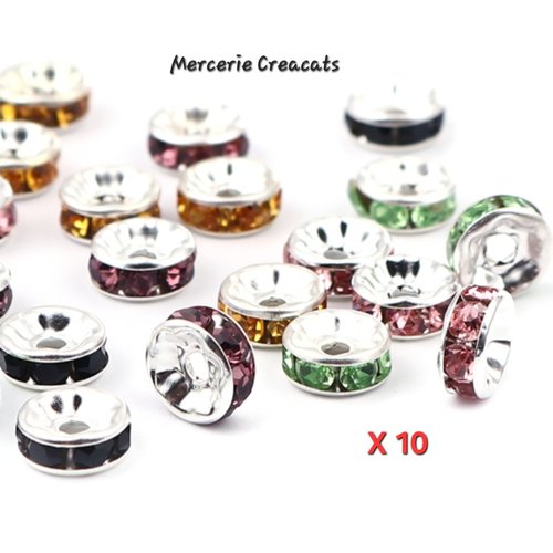 X 10 perles intercalaires métal argenté 8 mm strass multicolores