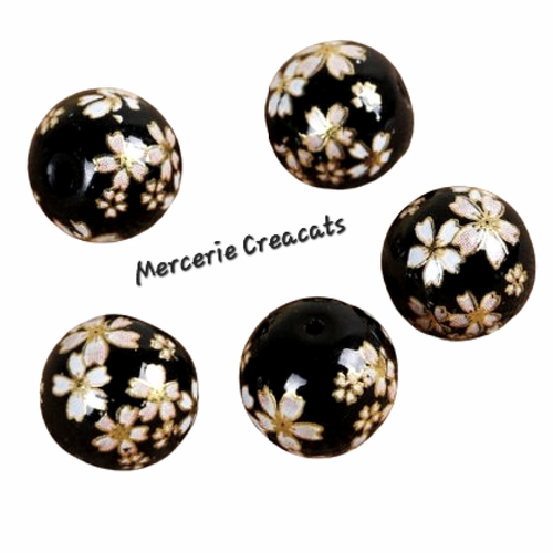 1 perle verre noire motif fleur japonaise sakura