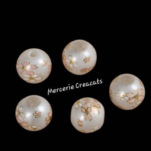 1 perle verre blanc nacré motif fleur japonaise sakura