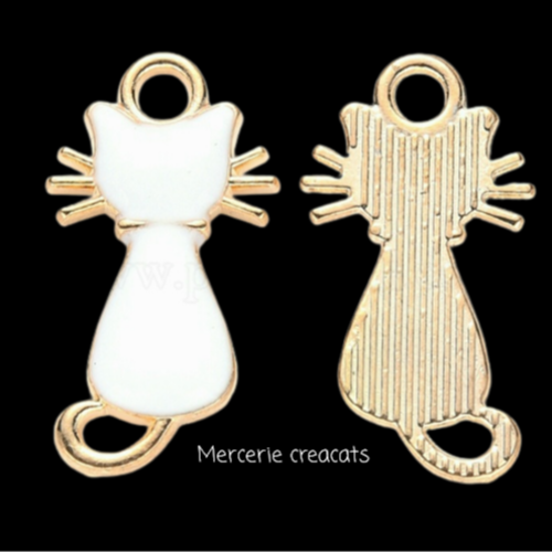 1 pendentif charm chat blanc émail metal doré