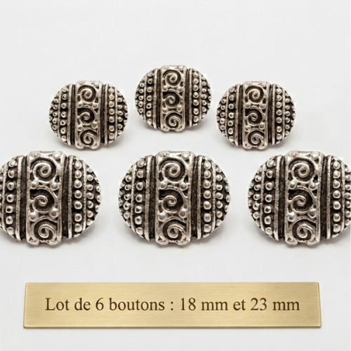 Lot de 6 boutons en métal argent vieilli – 18 mm et 23 mm