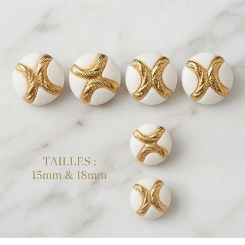 Lot de 6 boutons vintage acrylique blanc & doré à queue – 15mm & 18mm