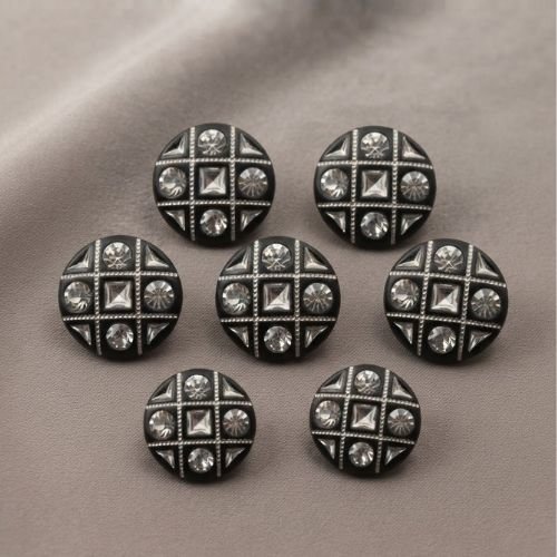 Lot de 6 boutons acrylique noir et strass – 15 mm, 18 mm ou 21 mm
