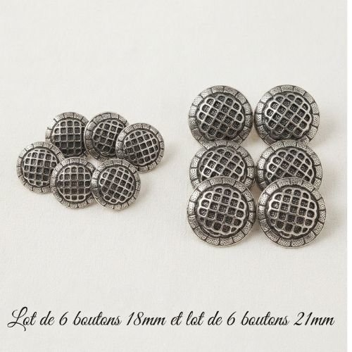 Lots de 6 boutons acrylique vintage argenté – 18 mm & 21 mm