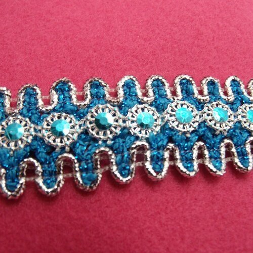 Ruban avec sequin turquoise ,avec perle au milieu argent, 30 mm