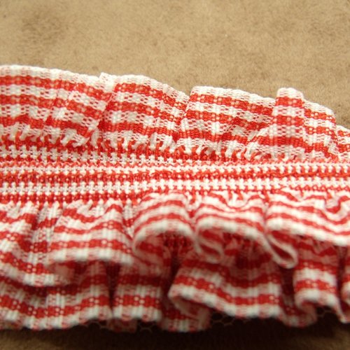 Ruban fantaisie plissé froncé vichy rouge et blanc, 4 cm