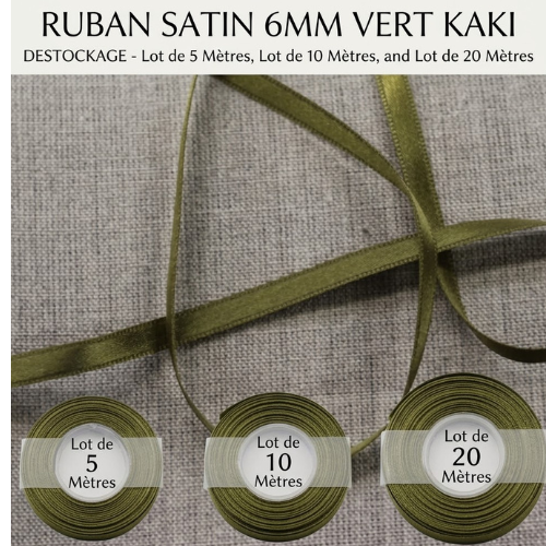 Déstockage ruban satin vert kaki – 6 mm – vendu par lots de 5, 10 et 20 mètres
