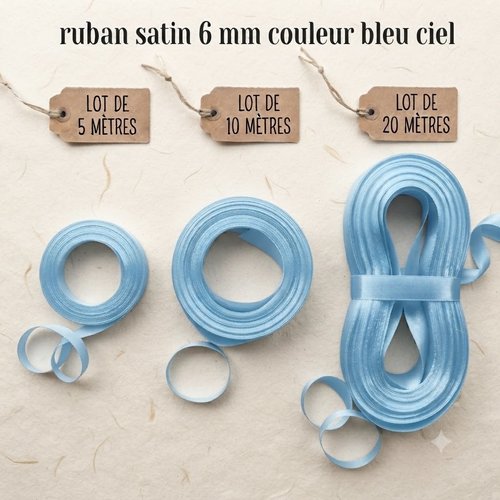 Déstockage ruban satin bleu ciel – 6 mm – vendu par lots de 5, 10 et 20 mètres