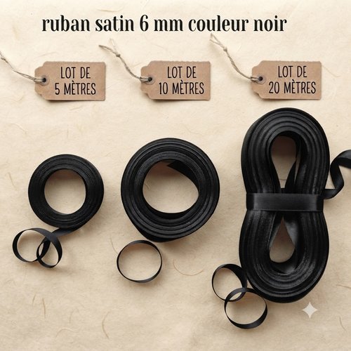 Déstockage ruban satin noir – 6 mm – vendu par lots de 5, 10 et 20 mètres