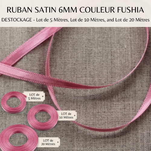 Déstockage ruban satin fushia – 6 mm – vendu par lots de 5, 10 et 20 mètres