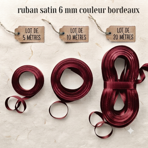 Déstockage ruban satin bordeaux – 6 mm – vendu par lots de 5, 10 et 20 mètres