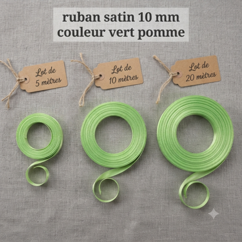 Déstockage ruban satin vert pomme – 10 mm – vendu par lots de 5, 10 et 20 mètres