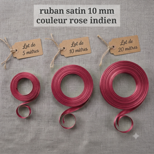 Déstockage ruban satin rose indien – 10 mm – vendu par lots de 5, 10 et 20 mètres