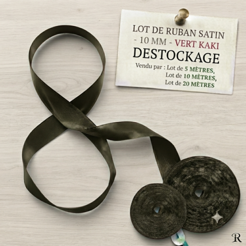 Déstockage ruban satin vert kaki – 10 mm – vendu par lots de 5, 10 et 20 mètres