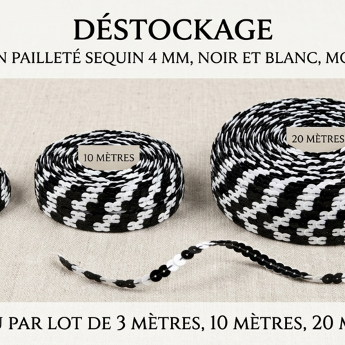 Ruban pailleté sequin montée sur fil noir et blanc 4 mm