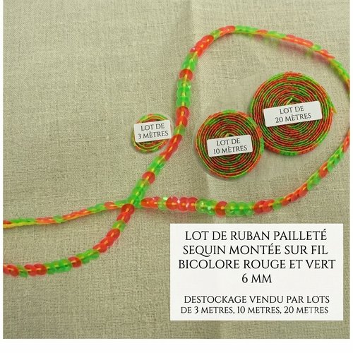 Ruban pailleté sequin montée sur fil bicolore rouge et vert 6 mm