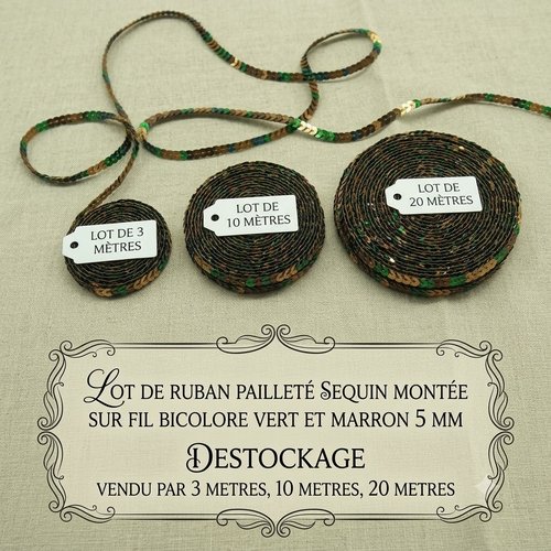 Ruban pailleté sequin montée sur fil  bicolore vert et marron 5 mm