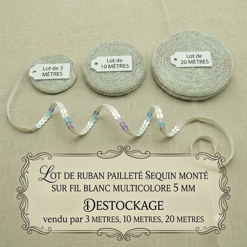 Ruban pailleté sequin montée sur fil  blanc multicolore 5 mm