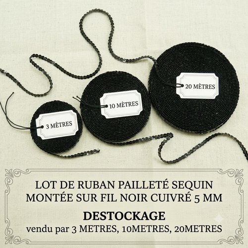Ruban pailleté sequin montée sur fil  noir cuivré 5 mm