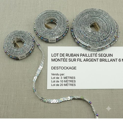 Ruban pailleté sequin montée sur fil argent brillant 6 mm