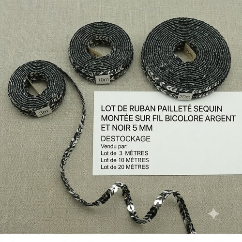 Ruban pailleté sequin montée sur fil bicolore argent et noir 5 mm