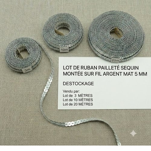 Ruban pailleté sequin montée sur fil argent mat 5 mm