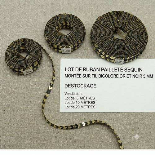 Ruban pailleté sequin montée sur fil bicolore or et noir 5 mm