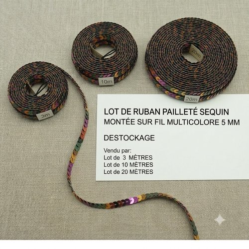 Ruban pailleté sequin montée sur fi  multicolore 5 mm