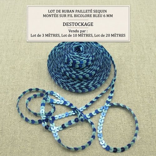 Ruban pailleté sequin montée sur fil bicolore bleu 6 mm