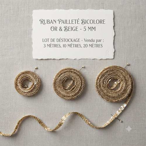 Ruban pailleté bicolore – or & beige – 5 mm – lot créatif