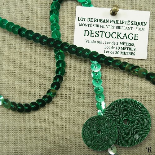 Ruban pailleté sequin montée sur fil vert brillant 5 mm