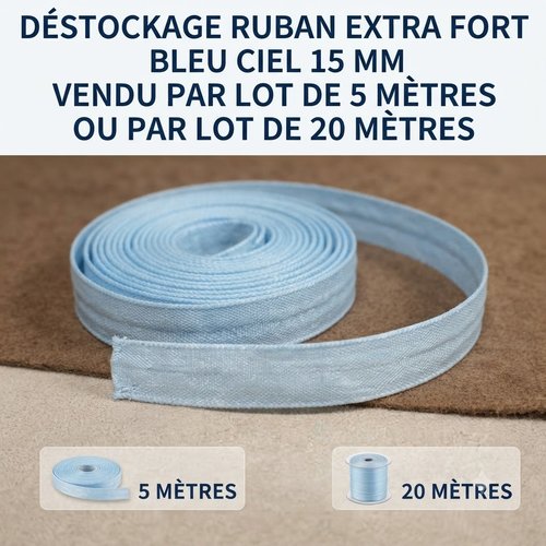 Déstockage ruban couture extra fort bleu ciel 15 mm – lot 5 m ou 20 m