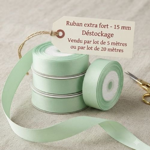 Déstockage (lot 5 ou 20 m) ruban extra fort vert d’eau 15 mm