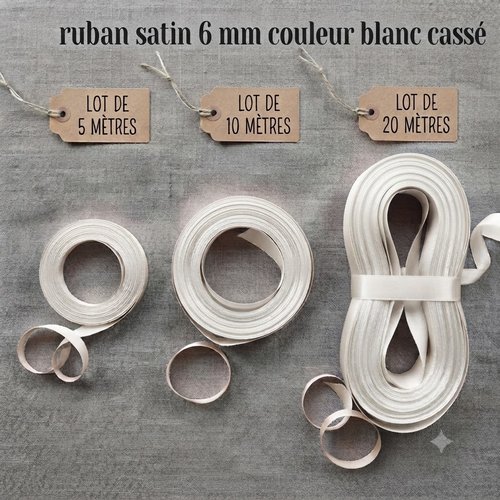 Déstockage ruban satin blanc cassé – 6 mm – vendu par lots de 5, 10 et 20 mètres